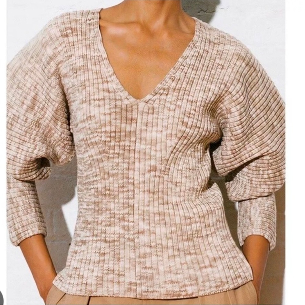 Mara Hoffman Olla Balloon Sleeve Ribbed V-Neck Sweater Organic Cotton Tan Large